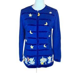 Quacker Factory blue full zip cardigan with angels Size Small